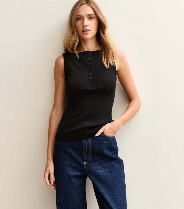 New Look Women's Black Ribbed Jersey Button Through Tank Top New Look - 2