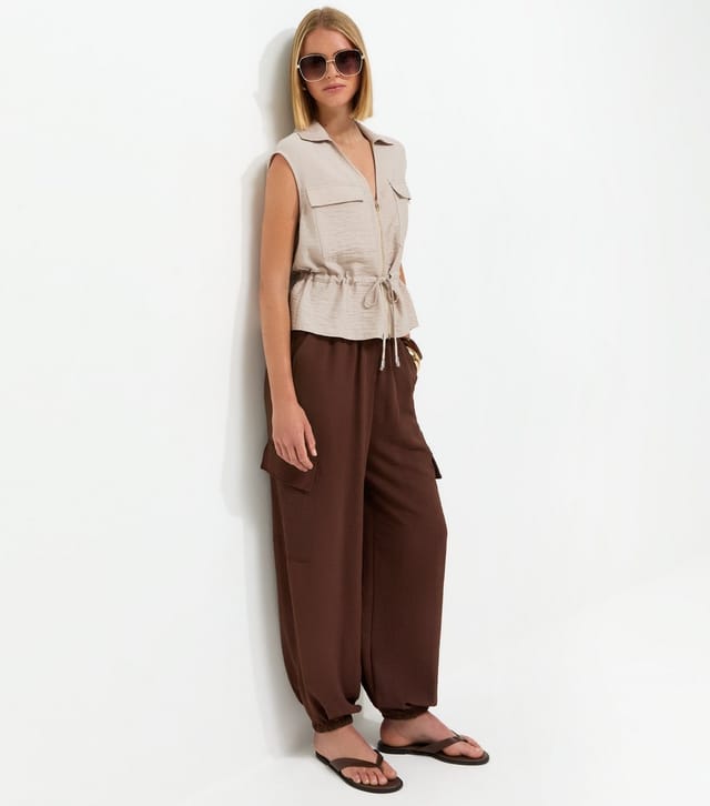 New Look Women's Stone Zip Front Drawstring Sleeveless Shirt New Look - 3