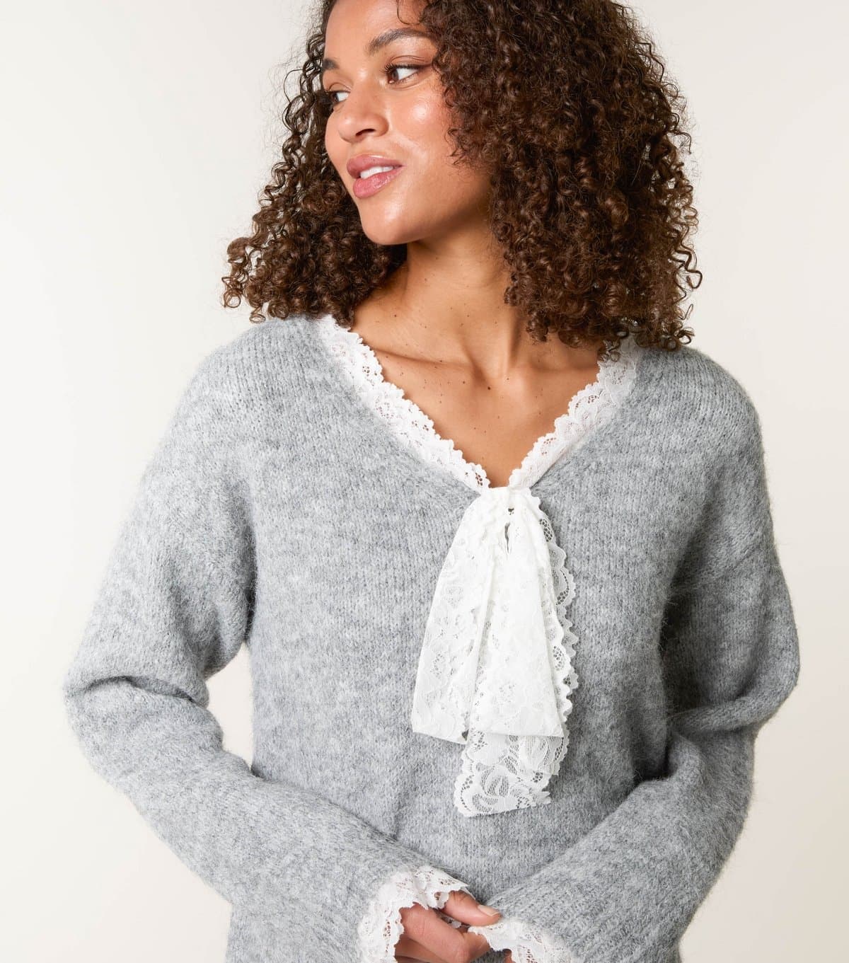 Blue Vanilla Women's Grey Lace Trim Knit Jumper Blue Vanilla New Look