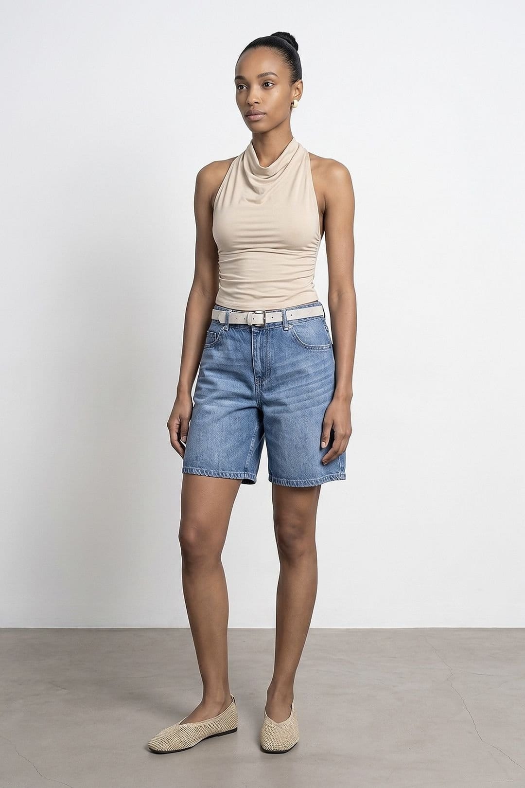 Dilvin Women's High-Waist Wide-Leg Denim Shorts With Belt in Mid Blue