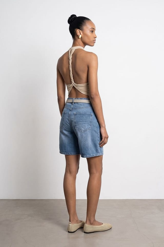 Dilvin Dilvin Women's High-Waist Wide-Leg Denim Shorts With Belt in Mid Blue - 2