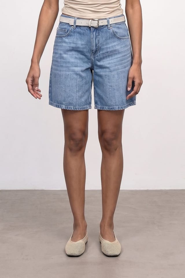 Dilvin Dilvin Women's High-Waist Wide-Leg Denim Shorts With Belt in Mid Blue - 3