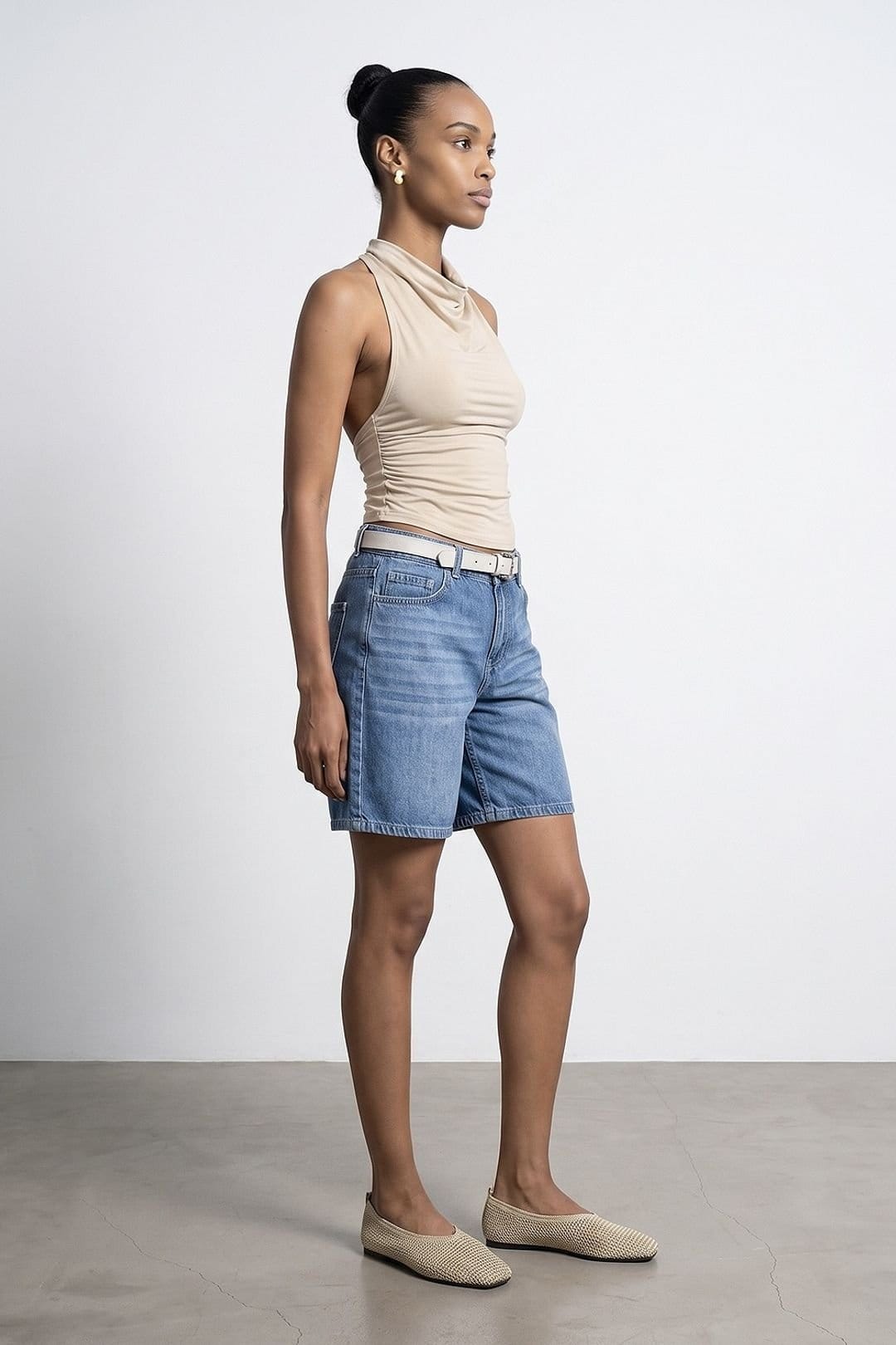 Dilvin Dilvin Women's High-Waist Wide-Leg Denim Shorts With Belt in Mid Blue - 4