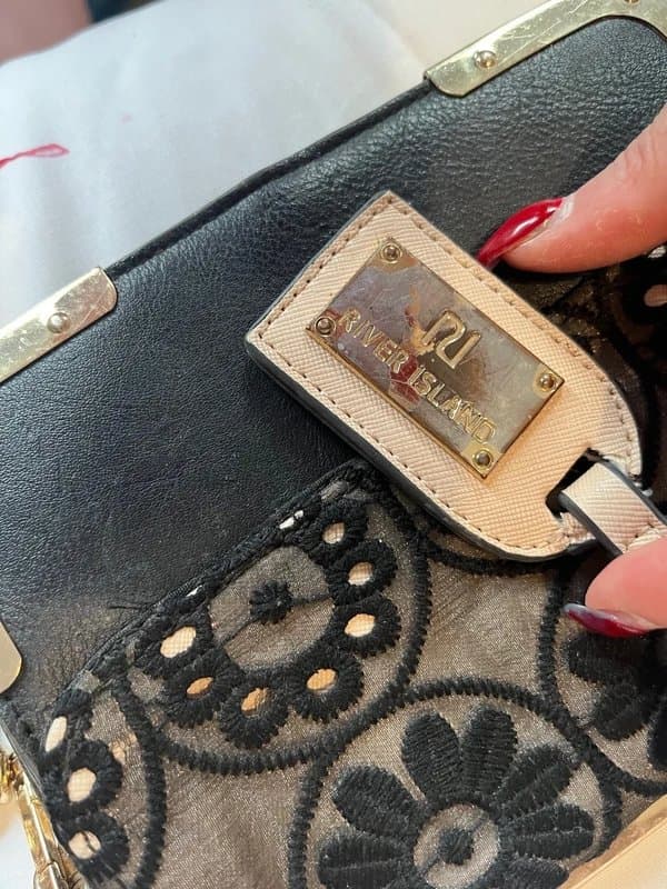 River Island Black faux leather crochet Broderie anglaise lace detail pattern chain strap mini bag crossbody