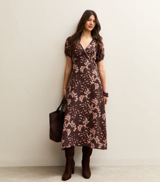 New Look Women's Brown Floral Print Short Sleeve Tea Midi Dress New Look - 2