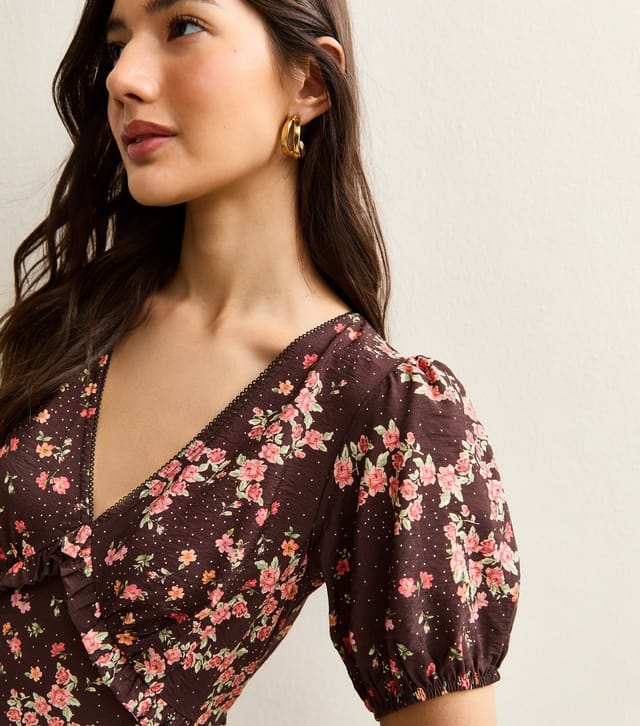 New Look Women's Brown Floral Print Short Sleeve Tea Midi Dress New Look - 3