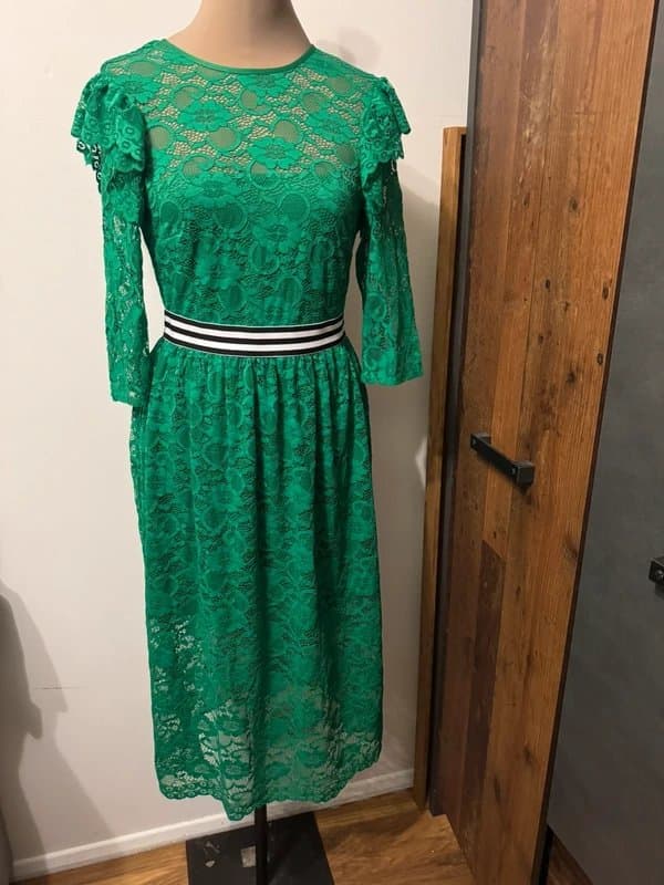 ASOS Design green black white stripes lace marked midi waist ruffle frill size 10
