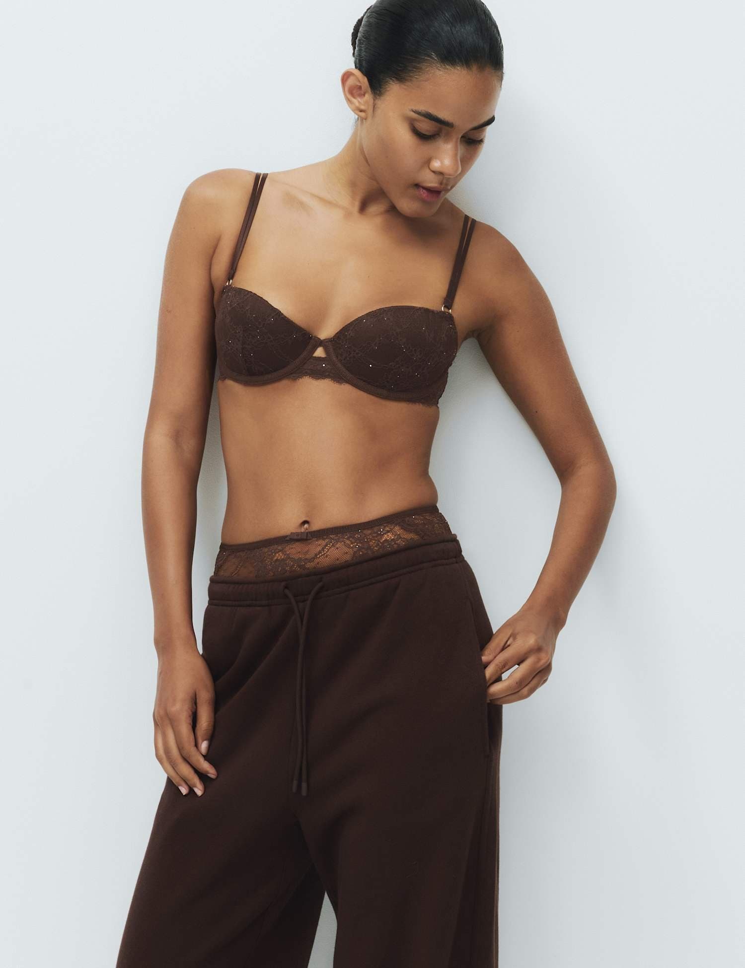 Marks & Spencer M&S Ida Padded Lace Sequin Wired Balcony Bra A-E Dark Brown