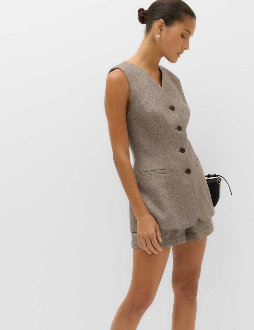 Marks & Spencer M&S Neppy Herringbone Collarless Cinched Waistcoat Neutral - 1