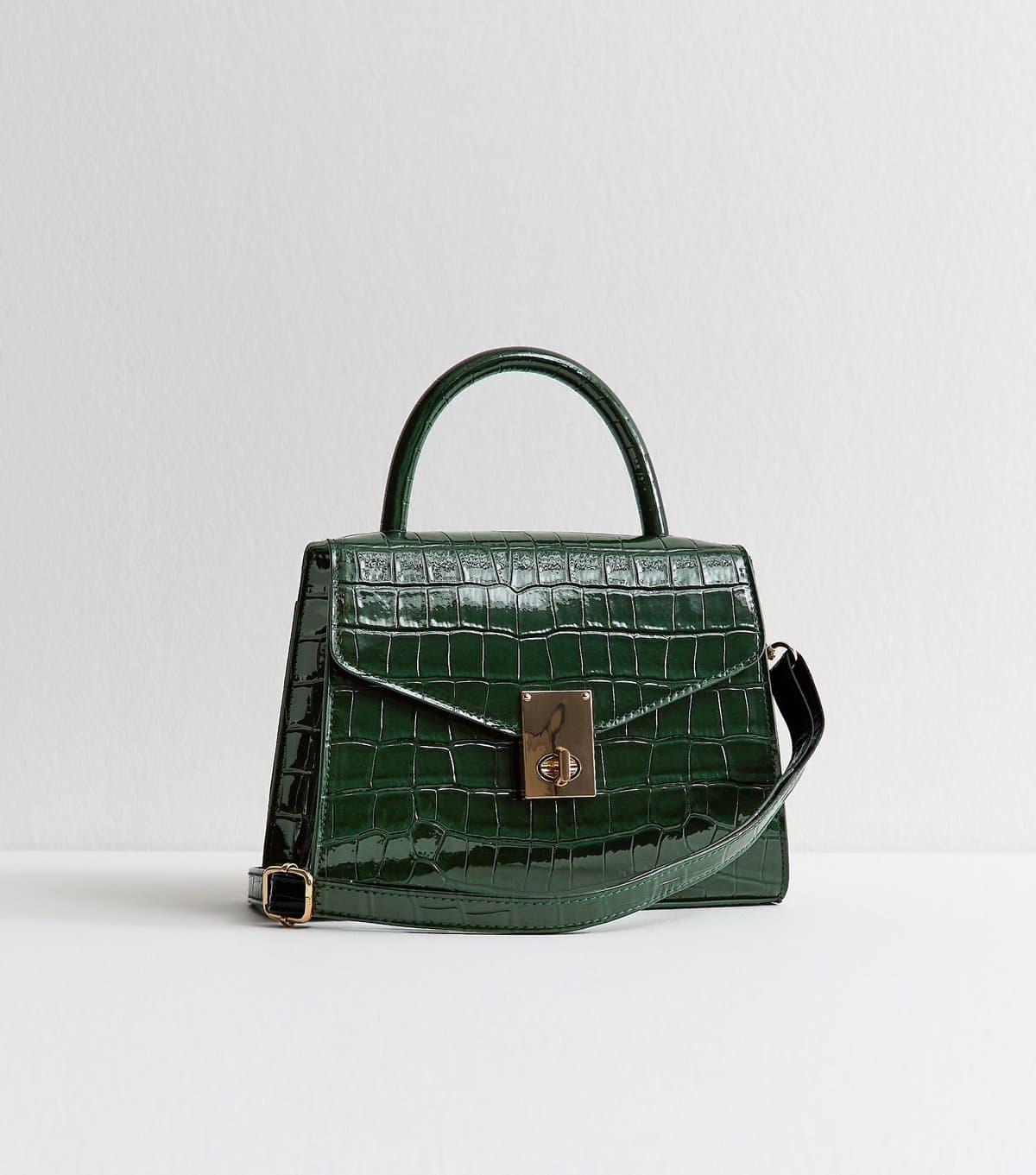 New Look Dark Green Faux Croc Leather Crossbody Bag New Look