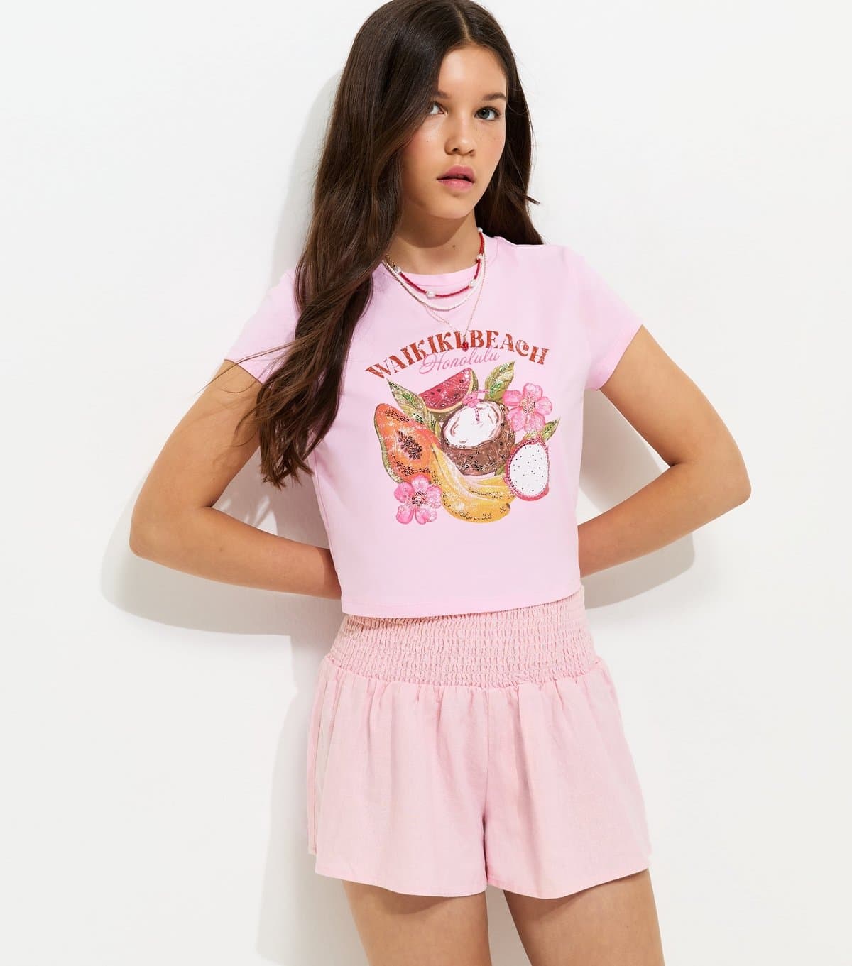 New Look Girls' Pink Shirred Waist Linen Rich Shorts New Look