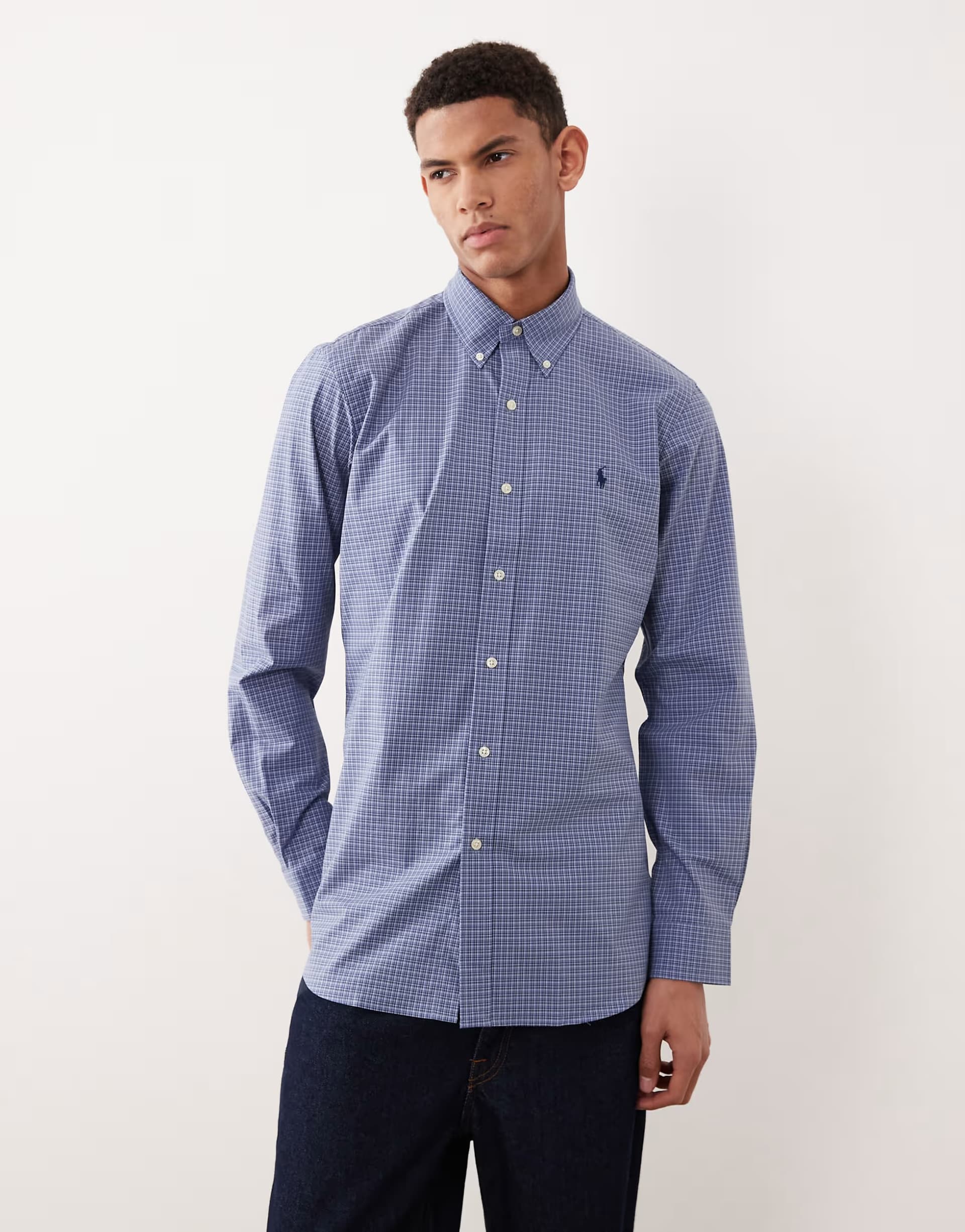 ASOS Polo Ralph Lauren icon logo custom fit check poplin shirt in mid blue