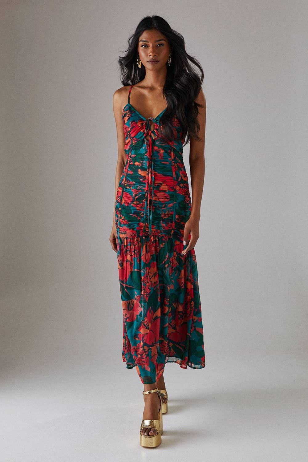 Warehouse Warehouse Women's Chiffon Gathered Channel Strappy Midi Dress in Floral - 2