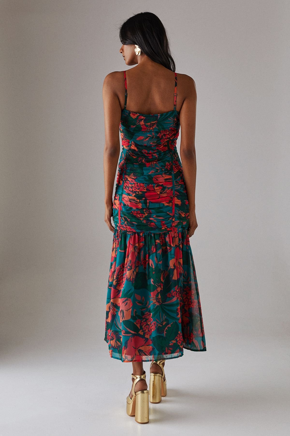 Warehouse Warehouse Women's Chiffon Gathered Channel Strappy Midi Dress in Floral - 3