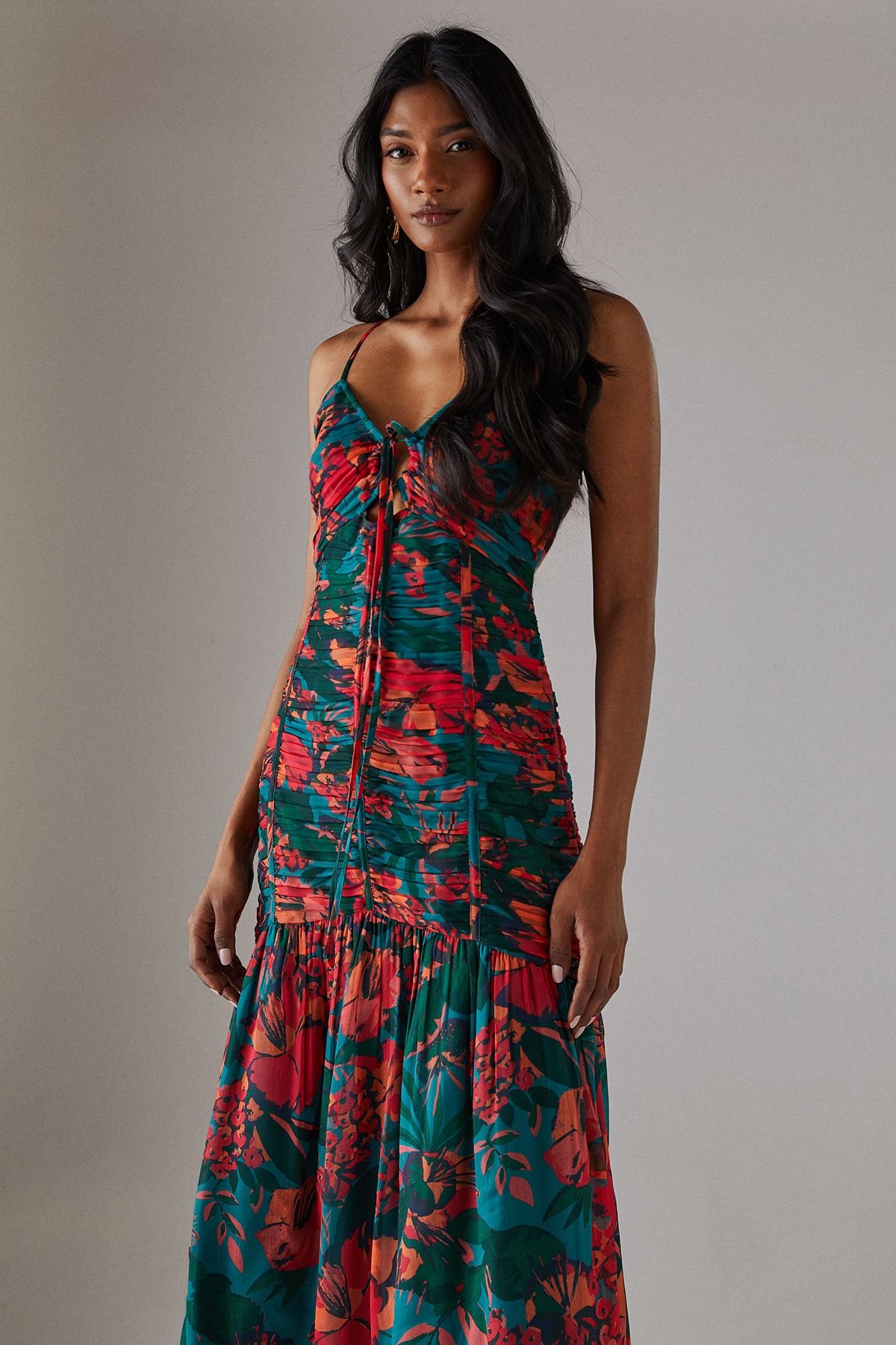 Warehouse Warehouse Women's Chiffon Gathered Channel Strappy Midi Dress in Floral - 4