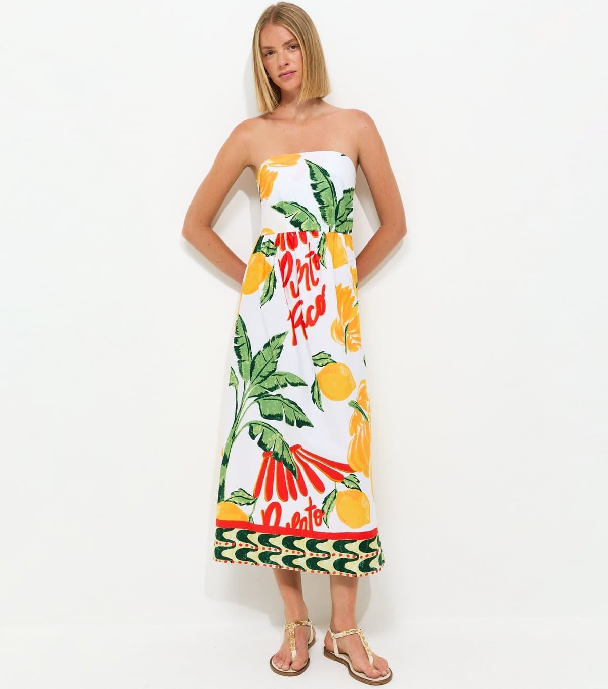 New Look Women's Cream Cotton Tropical Print Bandeau Midi Dress New Look