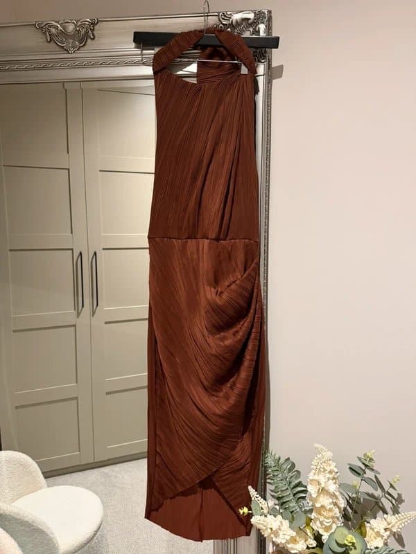 ASOS Brown plisse halterneck wrap midi dress with ruched side