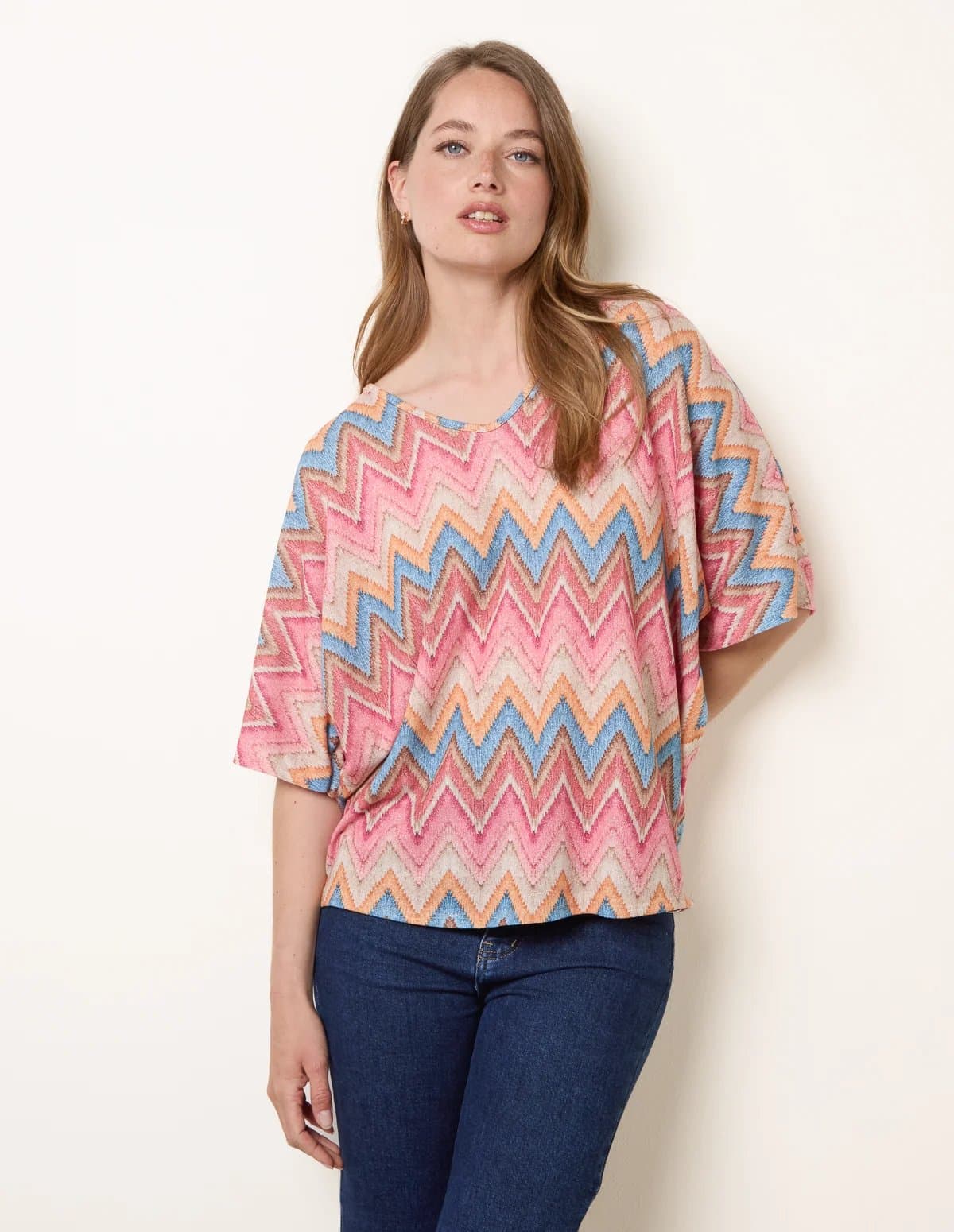 Blue Vanilla Zig Zag Metallic Bow Back Top