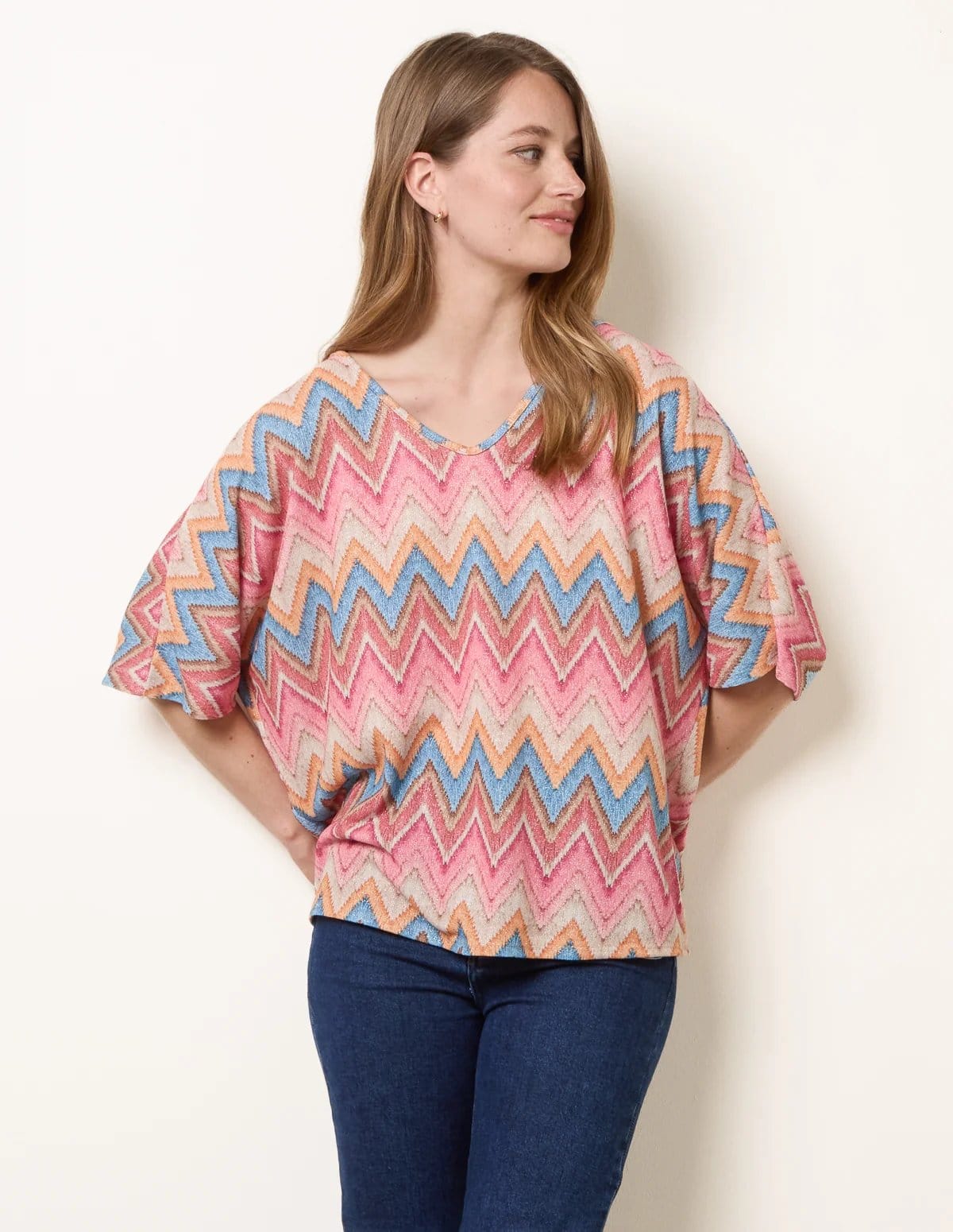 Blue Vanilla Zig Zag Metallic Bow Back Top - 4