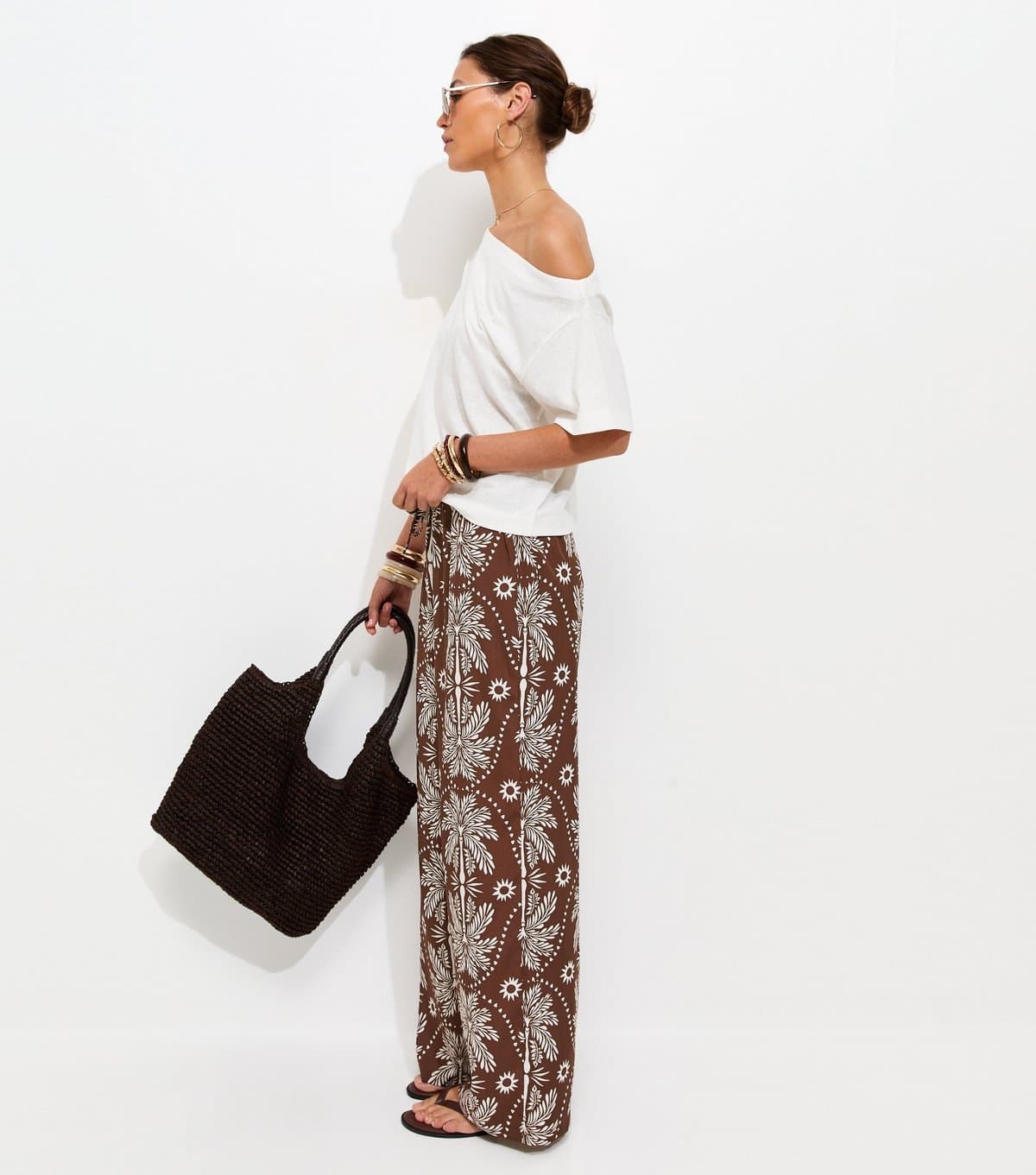 New Look Women's Brown Palm Tree Print Wide Leg Trousers New Look