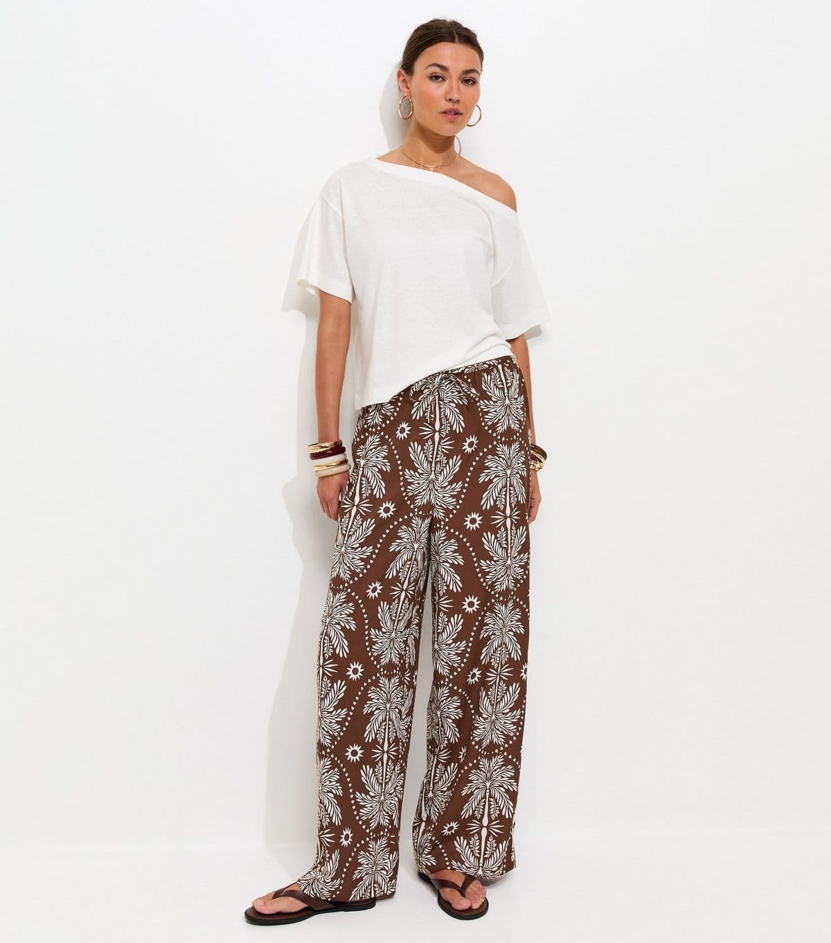 New Look Women's Brown Palm Tree Print Wide Leg Trousers New Look - 4