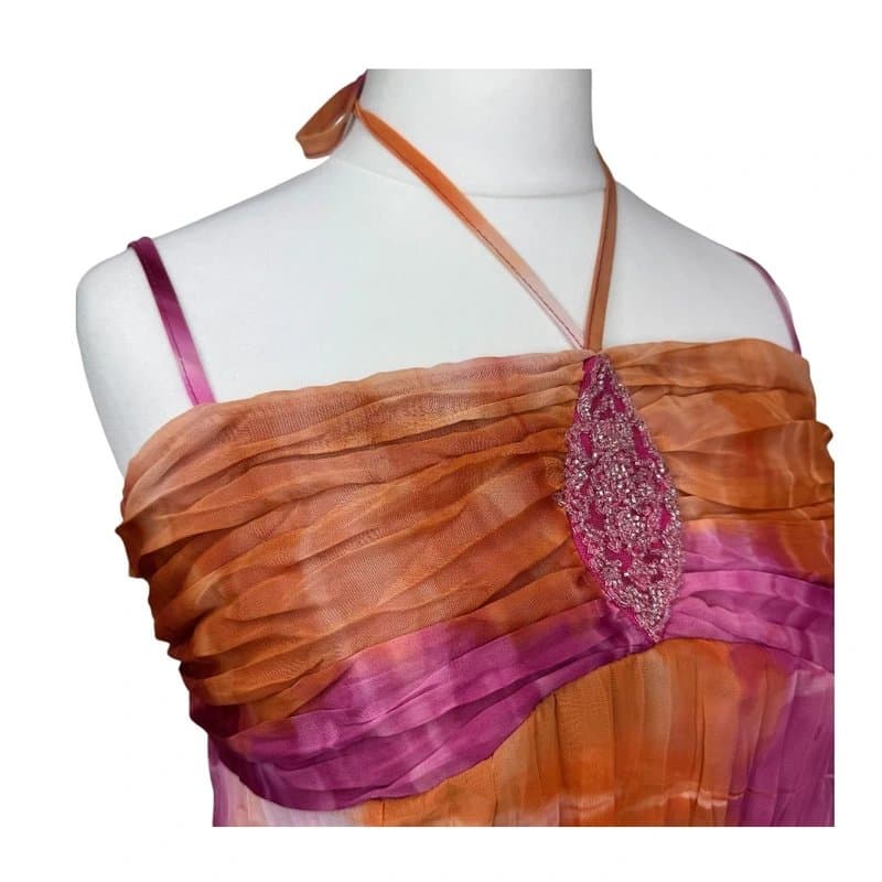 New Look Orange and Pink Tie-Dye Halter Beaded Y2K Cami UK14