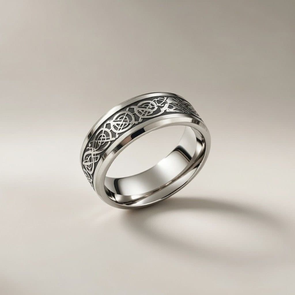 The Colourful Aura The Colourful Aura Men's Tungsten Dragon Unisex Pattern Steel Thick cuff silver band ring in Black