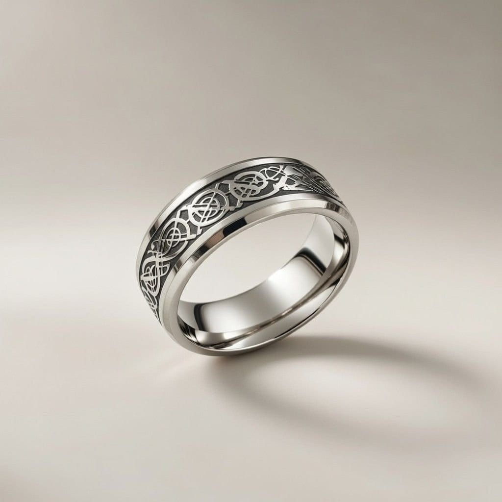 The Colourful Aura The Colourful Aura Men's Tungsten Dragon Unisex Pattern Steel Thick cuff silver band ring in Black - 4