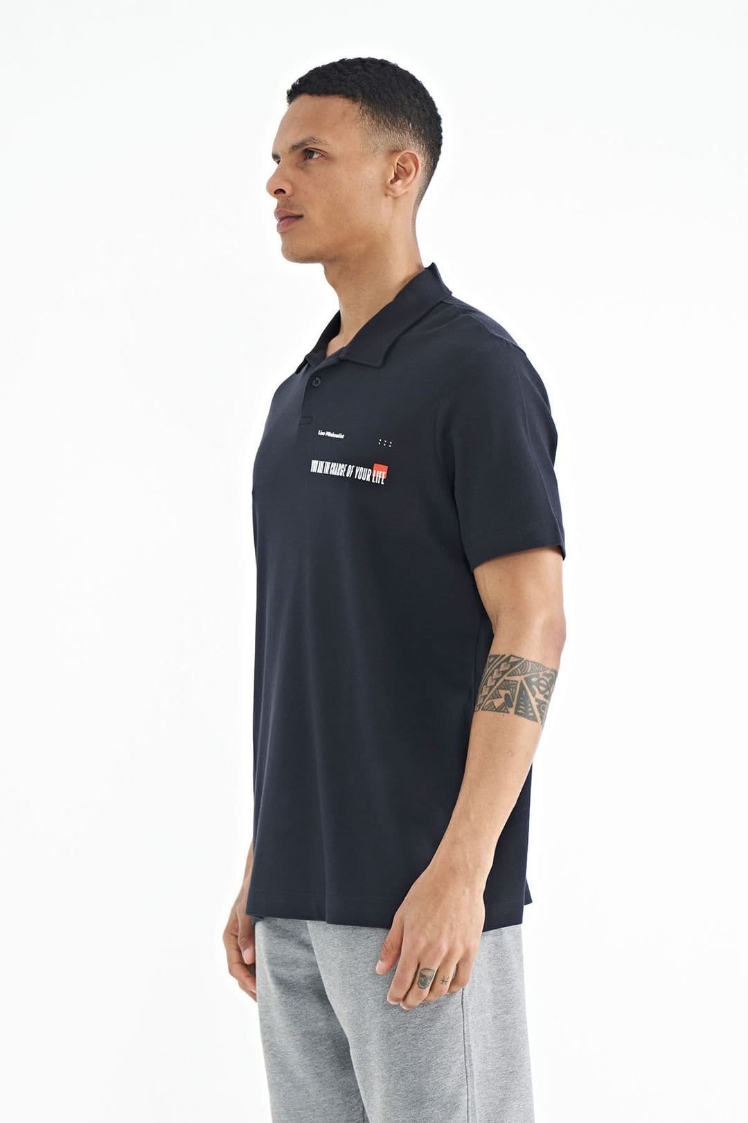 Tommy Life Tommy Life Men's Cotton Polo T-Shirt With Text Print in Navy - 4