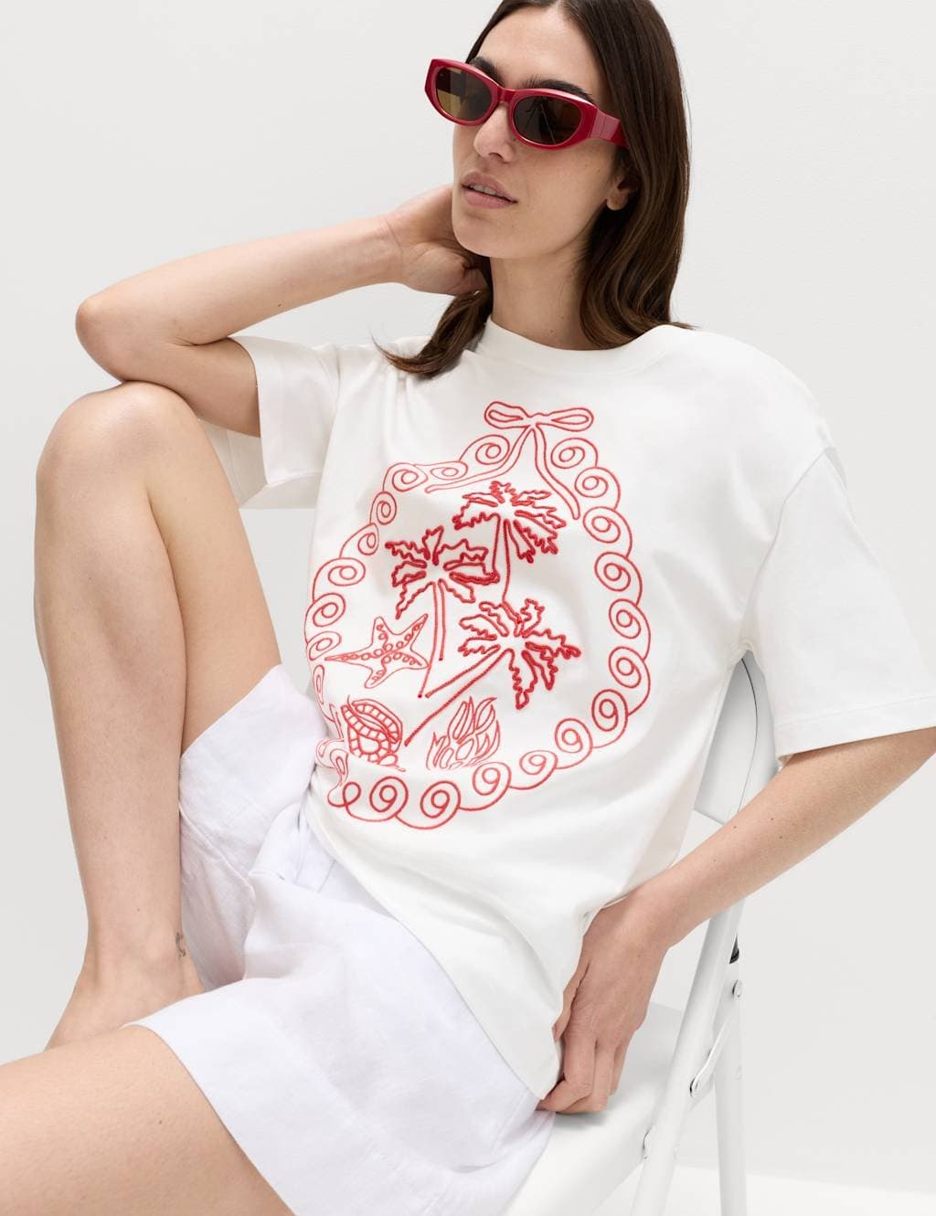Marks & Spencer M&S Pure Cotton Graphic Oversized T-Shirt White Mix