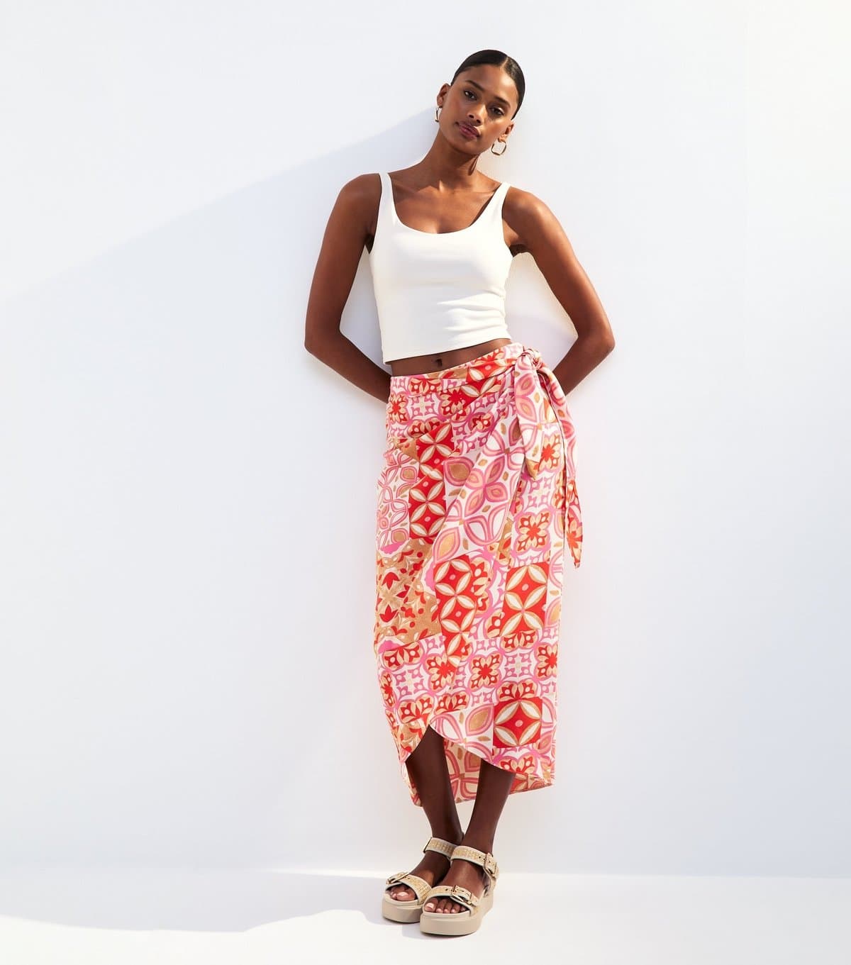 New Look Women's Pink Tile Print Sarong Skirt New Look