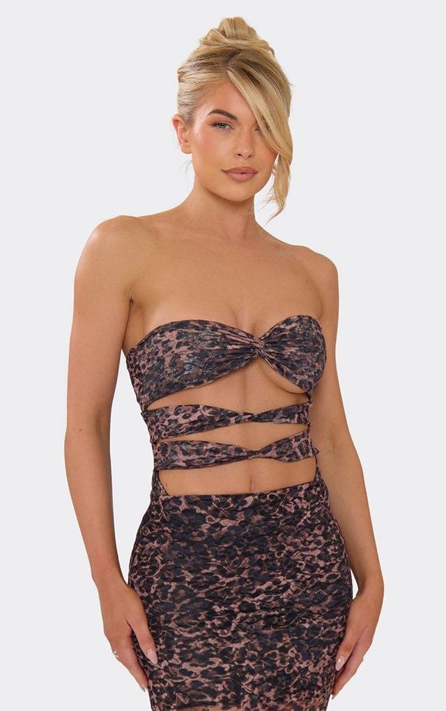 EGO Bandeau Knotted Cut Out Bodysuit In Brown Leopard Print, Women's Size UK 6 - 2