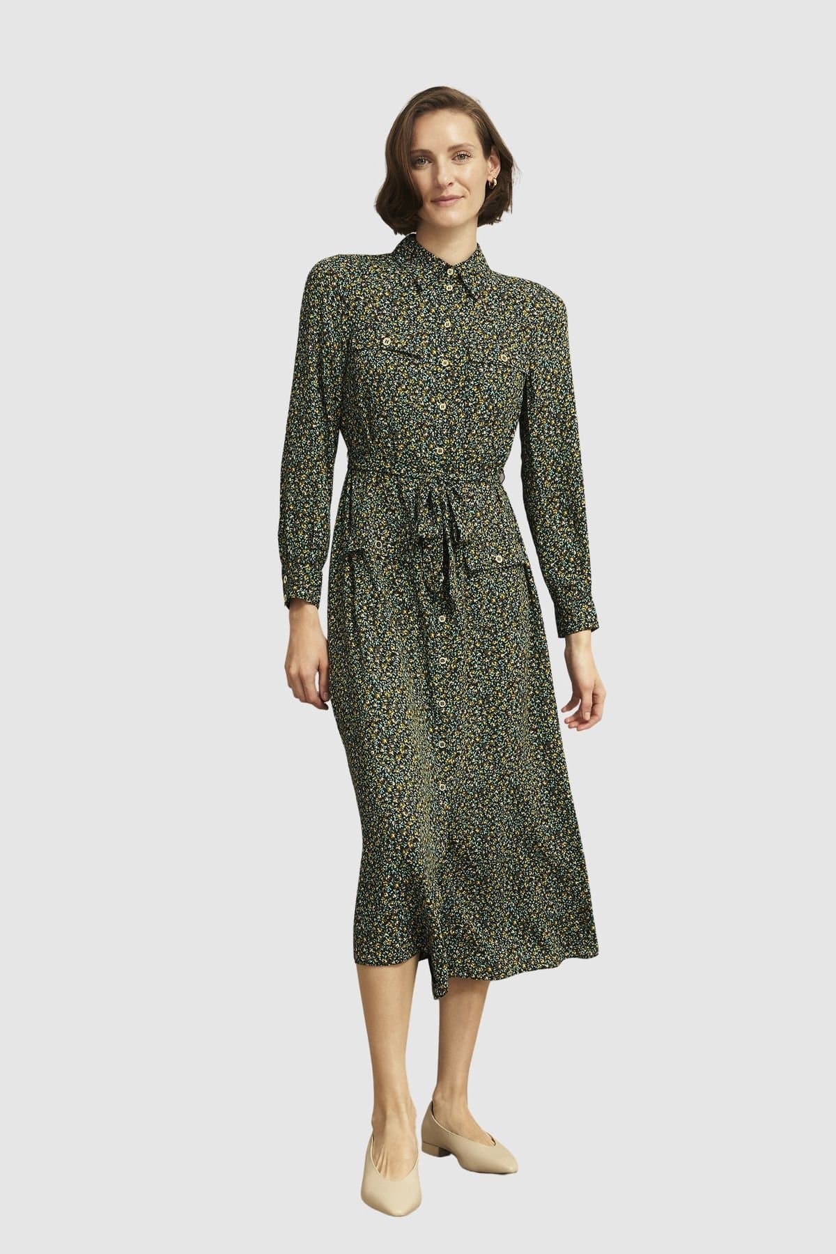 Hobbs London Hobbs London Women's Hemingford Long Sleeve Midi Shirt Dress in Bottle Green