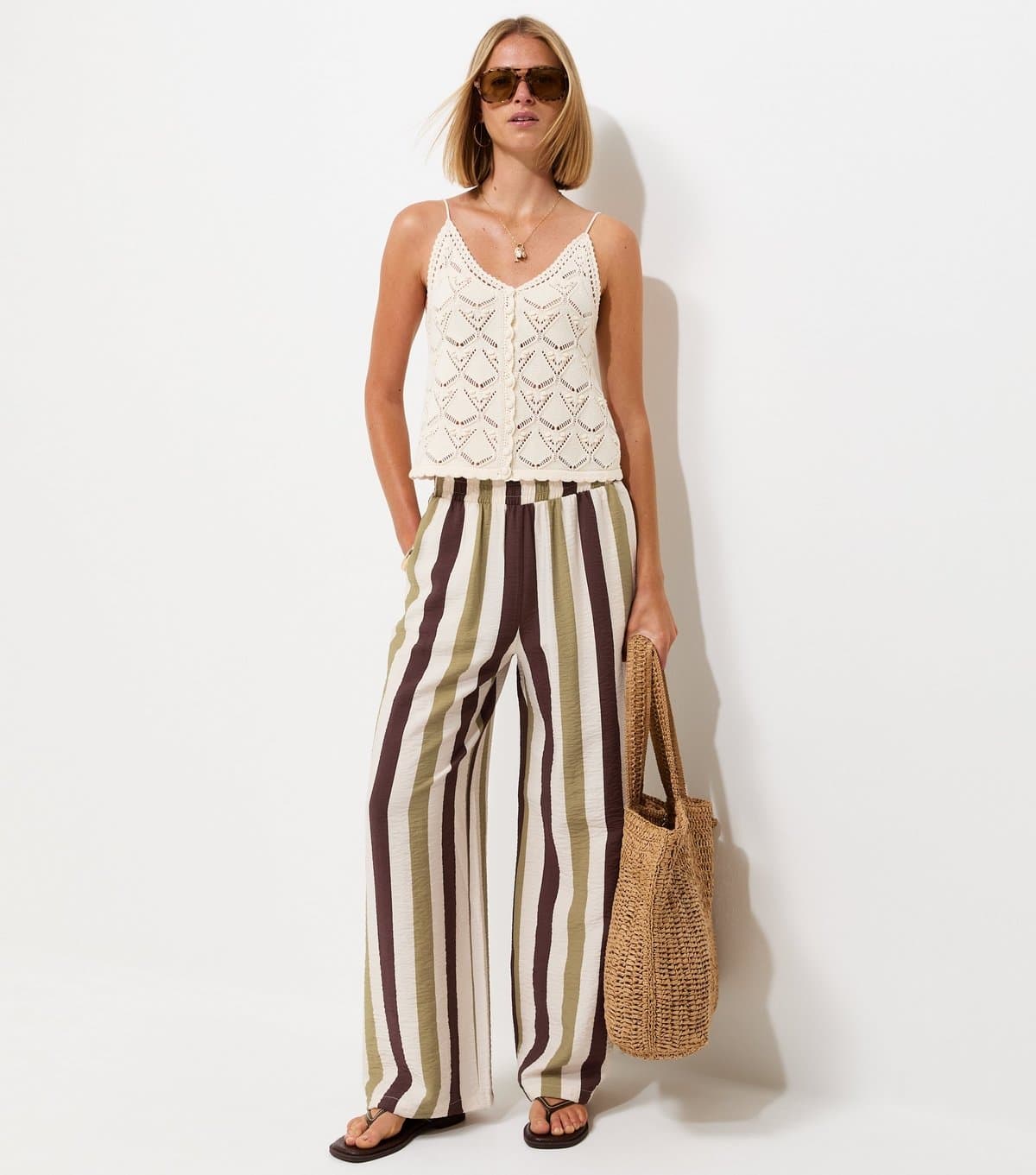 New Look Women's Green Striped Wide Leg Trousers New Look