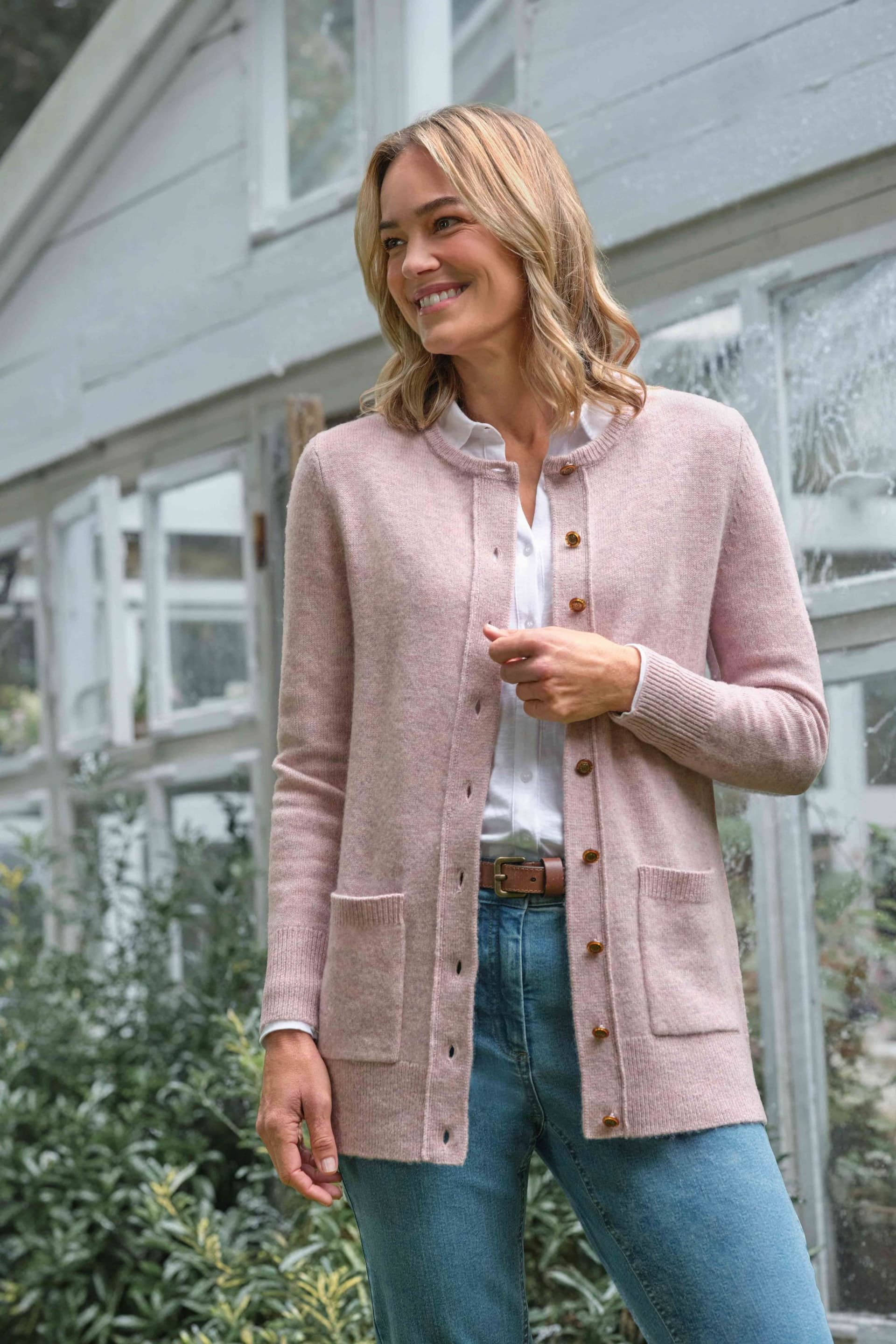WoolOvers WoolOvers Women's Lambswool Crew Neck Cardigan in Light Pink