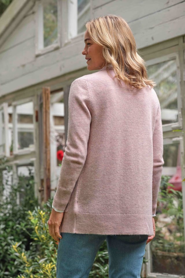 WoolOvers WoolOvers Women's Lambswool Crew Neck Cardigan in Light Pink - 2