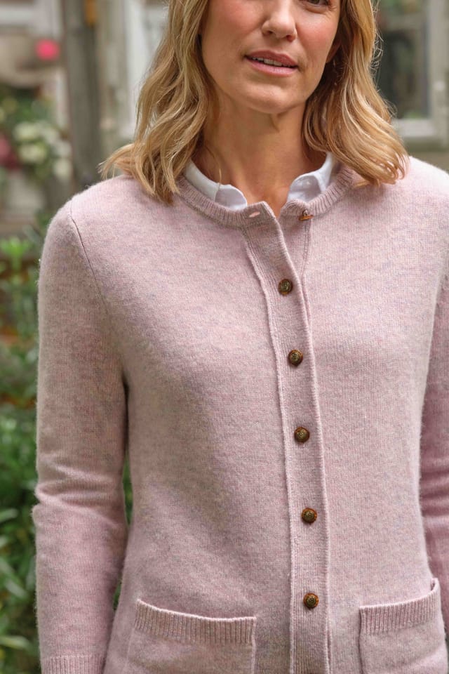 WoolOvers WoolOvers Women's Lambswool Crew Neck Cardigan in Light Pink - 3