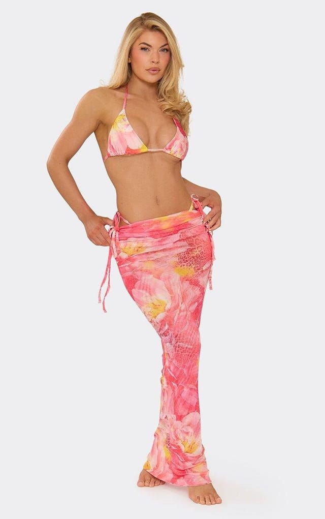 EGO Low Waist Ruched Side Beach Maxi Skirt In Pink Multi Floral Print, Women's Size UK 6 - 2
