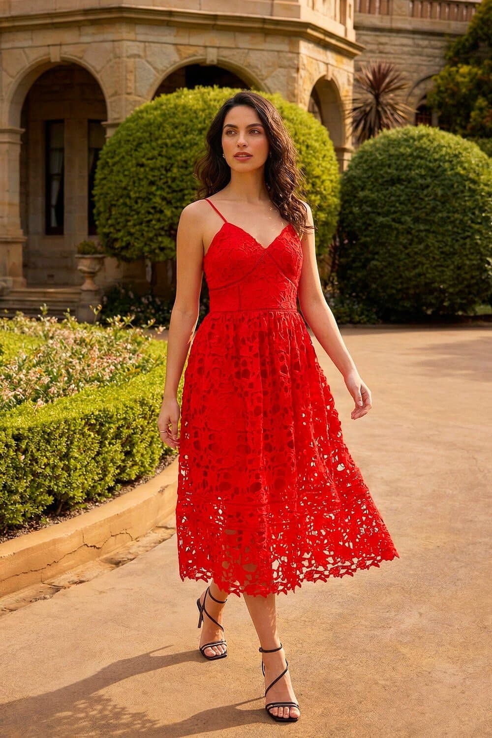 Dusk Dusk Women's Crochet V-Neck Cami Midi Dress in Red