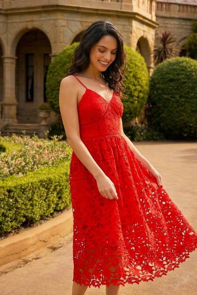 Dusk Dusk Women's Crochet V-Neck Cami Midi Dress in Red - 2