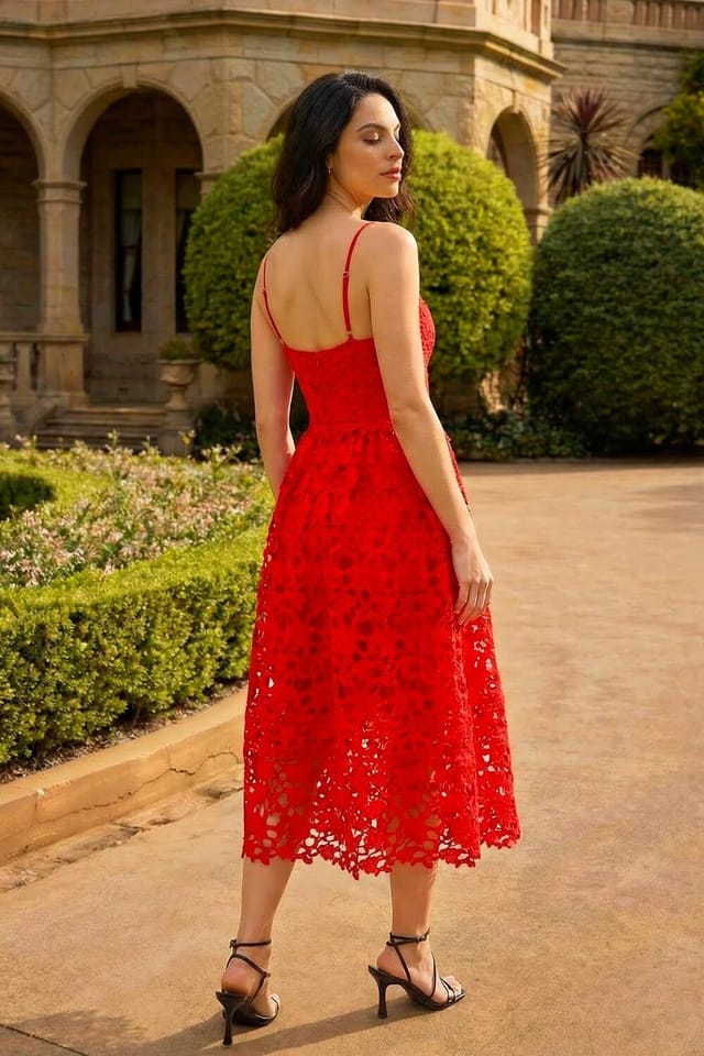 Dusk Dusk Women's Crochet V-Neck Cami Midi Dress in Red - 3