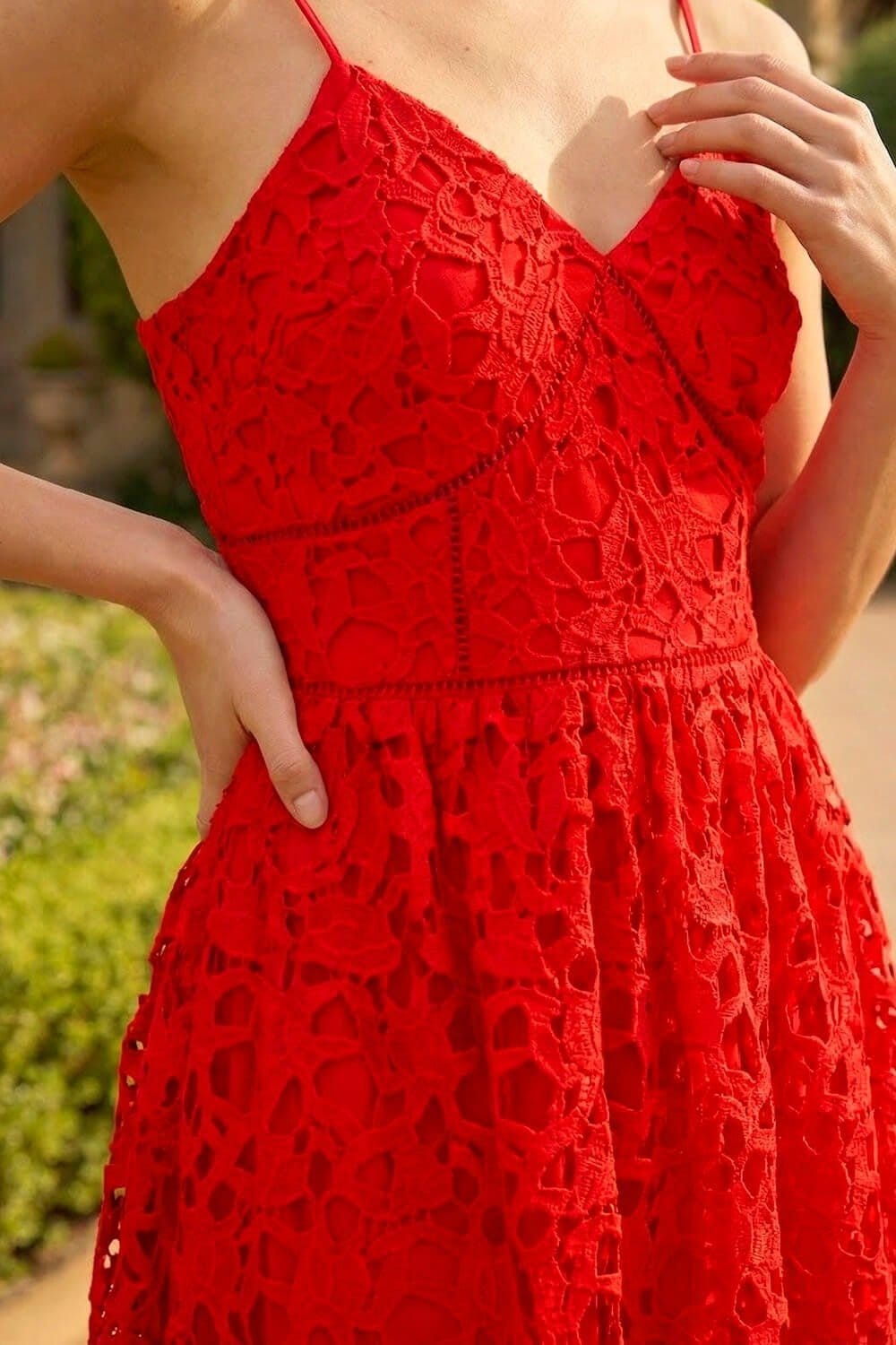 Dusk Dusk Women's Crochet V-Neck Cami Midi Dress in Red - 4