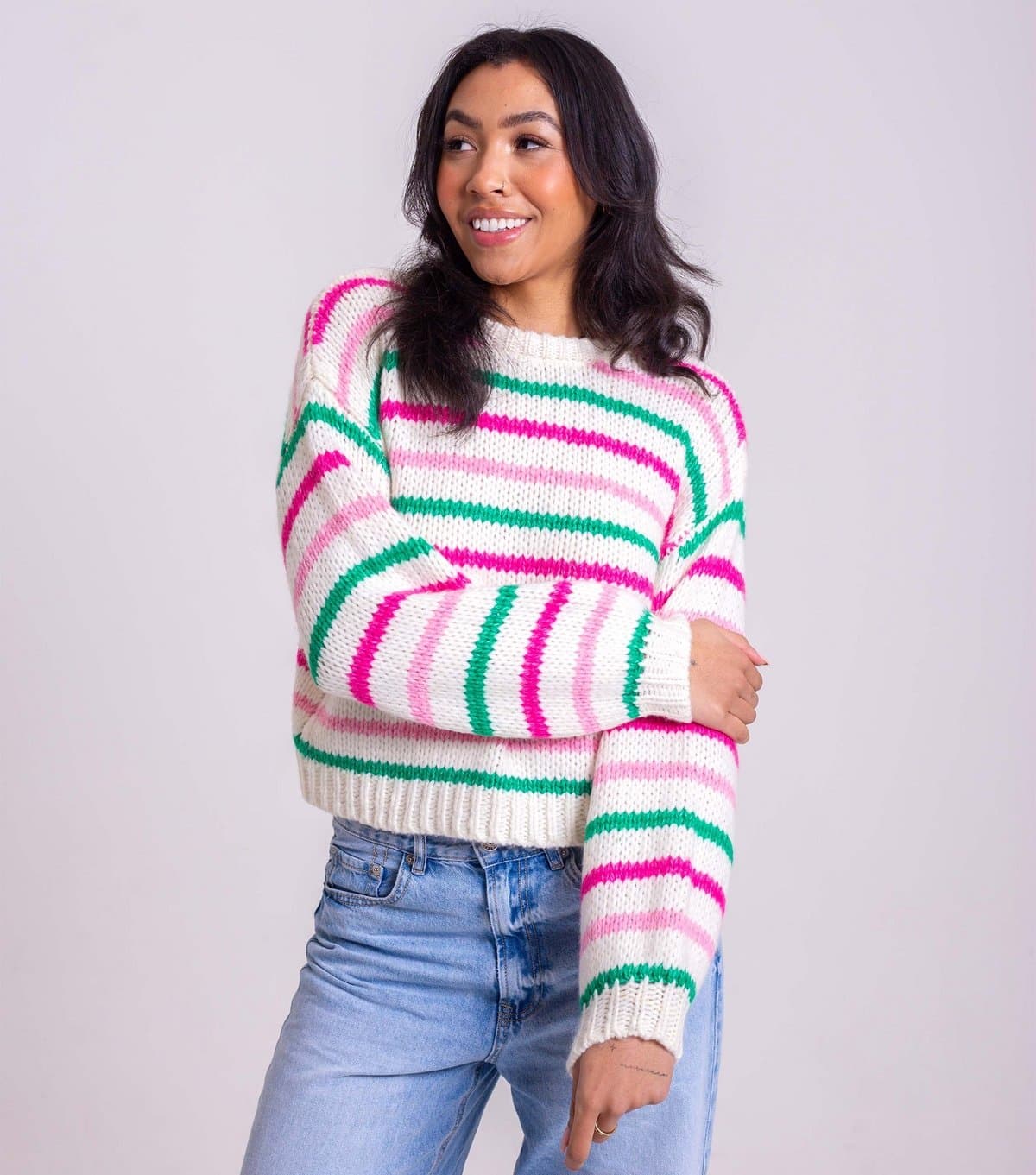 Sunshine Soul Women's Cream and Pink Stripe Crew Neck Jumper Sunshine Soul New Look