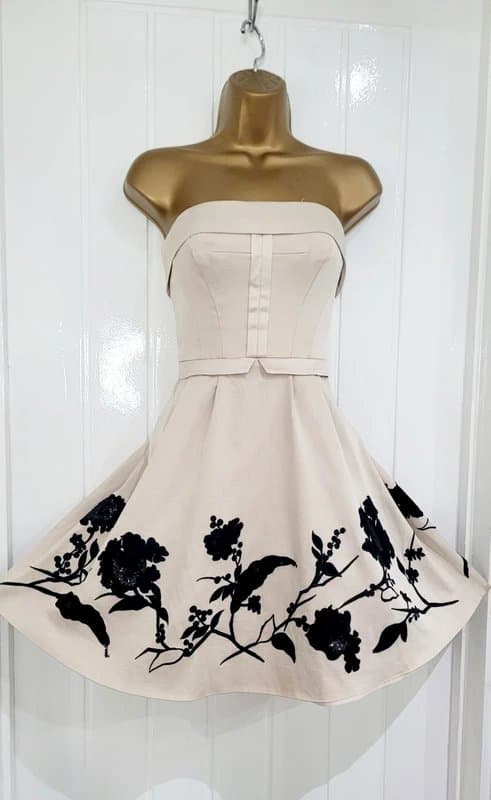 Karen Millen Karen Millen UK 8 beige / cream black floral sequin strapless occasion dress