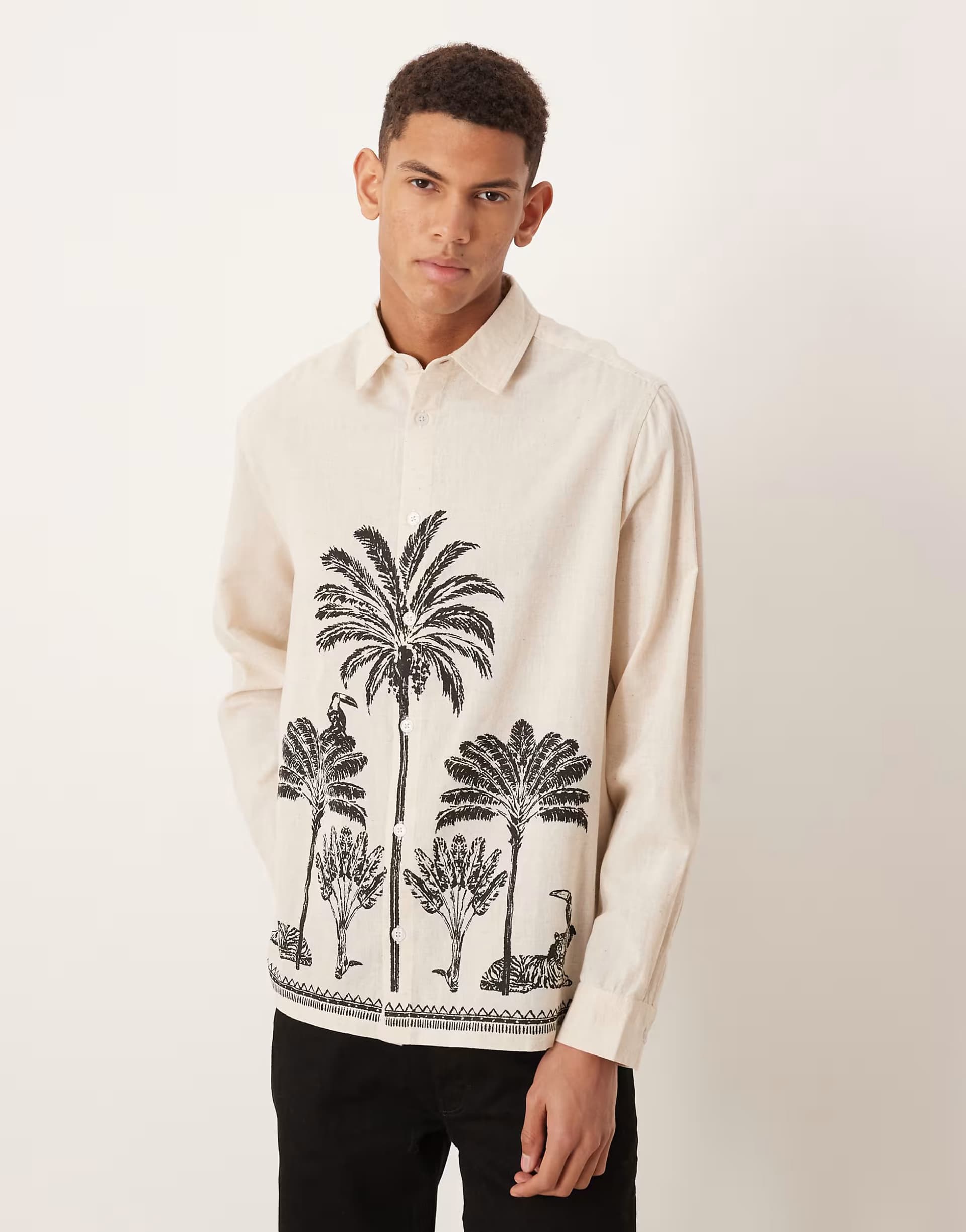 ASOS ASOS DESIGN relaxed shirt with linen with palm tree placement print in beige
