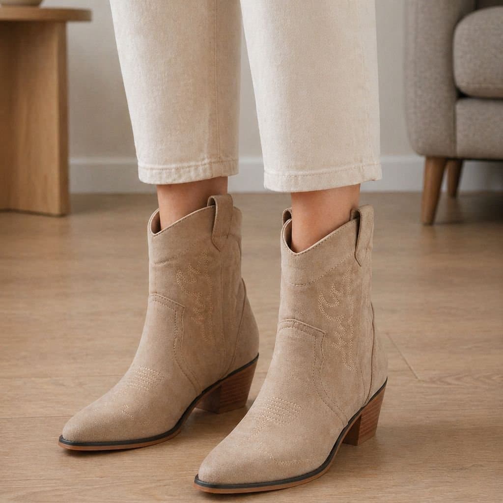 Truffle Collection Truffle Collection Women's Ankle Boots Zip Microfibre Pointed Toe Block Heel Shoes in Stone