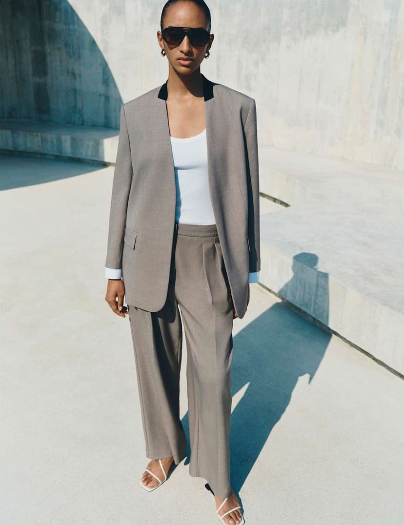 Marks & Spencer M&S Pleated Wide Leg Trousers Light Grey - 1
