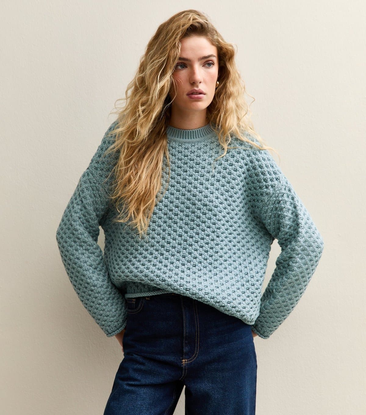 New Look New Look Blue Moss Stitch Crew Neck Jumper