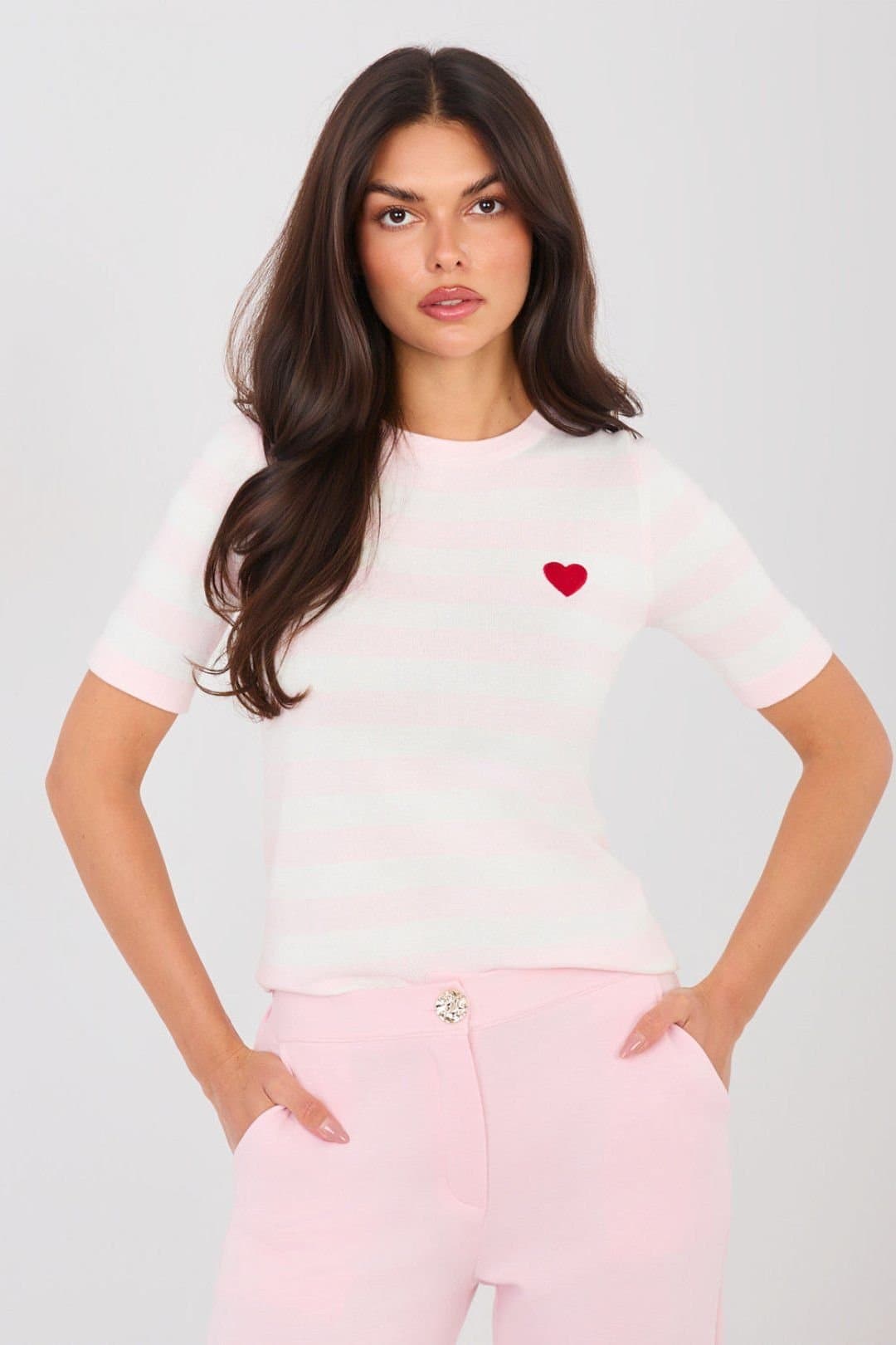 Love Lace Love Lace Women's Embroidered Heart Striped Short Sleeve Sweater in Pink