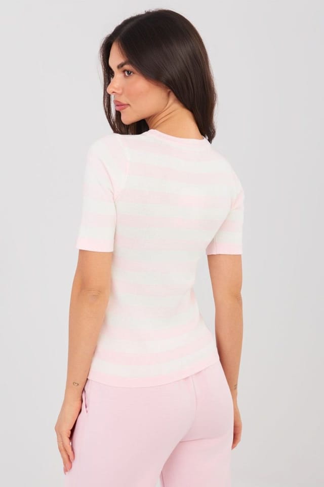 Love Lace Love Lace Women's Embroidered Heart Striped Short Sleeve Sweater in Pink - 3
